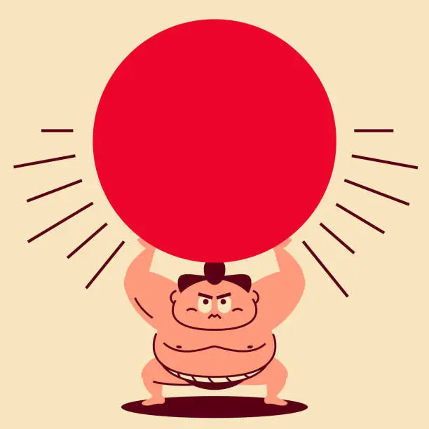 Vector illustration of A sumo wrestler crouching, arms raised, lifts a large red circle blank sign