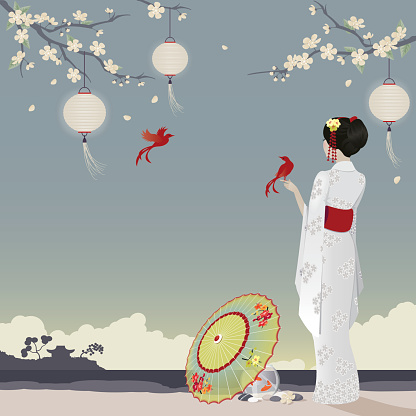 Girl with paper lanterns and parasol