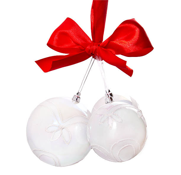 istock White christmas balls hanging on red ribbon with bow 158656040