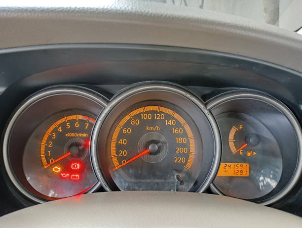 istock Close up image of car speed dashboard. 1586564234
