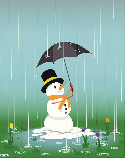 ilustraciones, imágenes clip art, dibujos animados e iconos de stock de preocupado muñeco de nieve en la lluvia - melting snowman winter spring