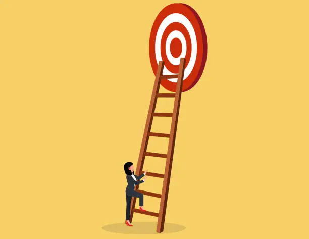 Vector illustration of Self improvement and challenge, stairway to success. Business woman begins to climb the stairs to the goal.