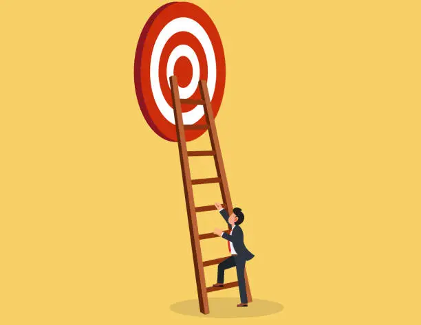 Vector illustration of Self improvement and challenge, stairway to success. Businessman begins to climb the stairs to the goal.