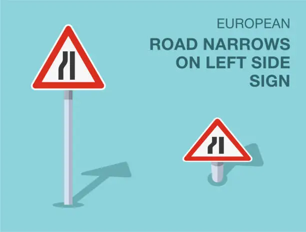 Vector illustration of Traffic regulation rules. Isolated european road narrows on left side sign. Front and top view. Vector illustration template.