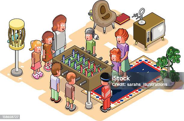 Família Jogando Futebol De Mesa Na Sala De Estar - Arte vetorial de stock e mais imagens de Família