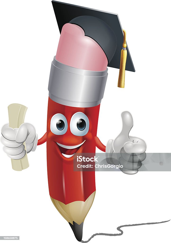 Pencil mascot graduating Pencil mascot graduate man cartoon. A pencil cartoon man with diploma or certificate wearing a graduation cap and doing a thumbs up. Vector file is eps 10 and uses transparency blends and gradient mesh Adult stock vector