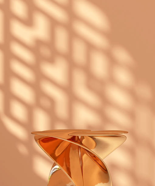 Orange chrome modern design spiral podium table in sunlight, Chinese round window grill shadow on blank vibrant beige brown wall