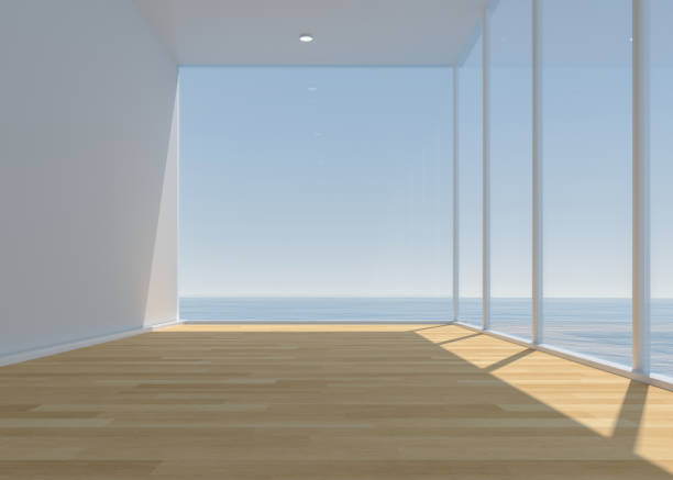 istock Seaside french window, white wood floor, clean and empty room 1586601366