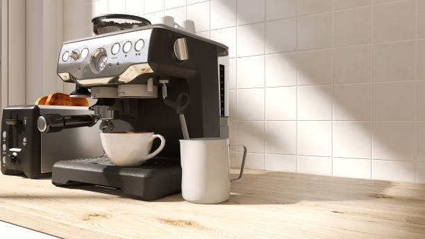 istock Black, silver professional espresso making machine, toaster, white coffee cup on wood countertop cabinet counter in sunlight, leaf shadow on white square tile wall 1586611314