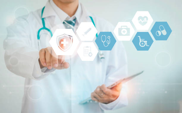 istock Human body hologram touch concept and medical icon network connection on virtual screen; technology innovation in science and medicine. 1586615568
