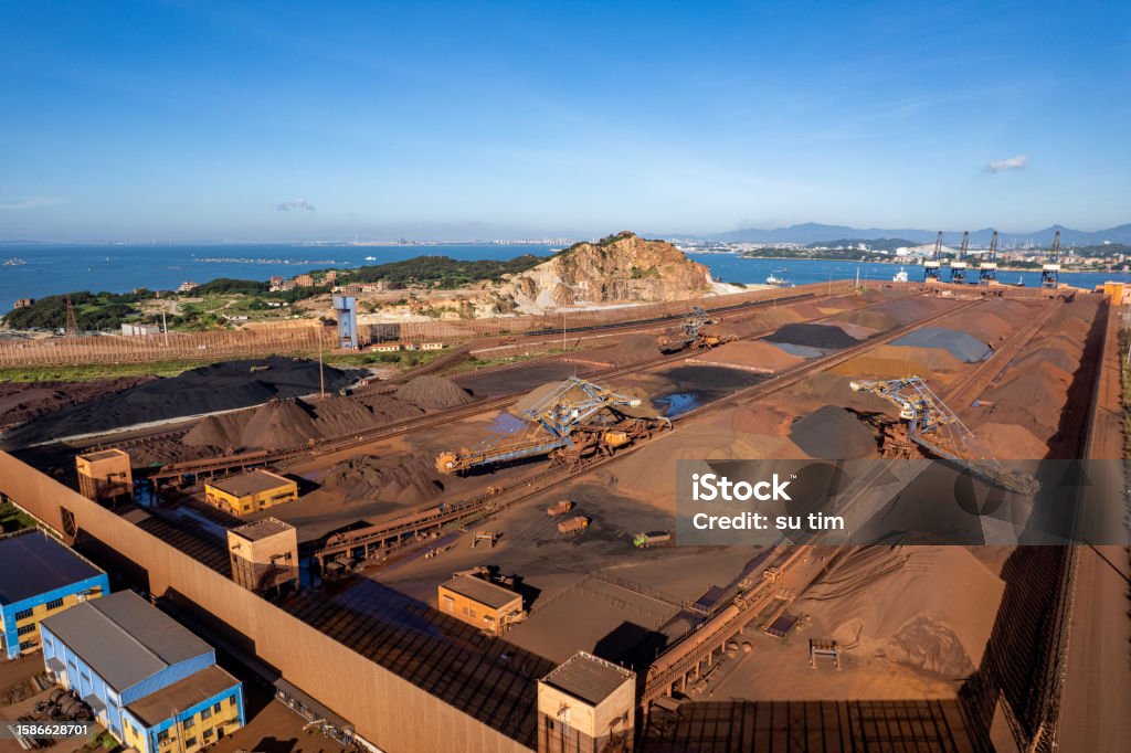 Aerial photo of a port filled with mineral materials China - East Asia Stock Photo