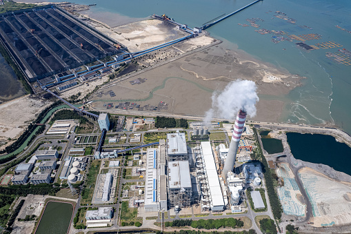 Vertical aerial view of chemical plant buildings and equipment