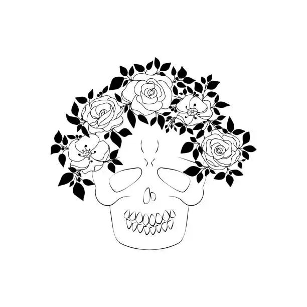 Vector illustration of Hand drawn cartoon skull with wreath of doodle rose and anemone flowers with leaves on stems. La Catrina for santa muerte design for Day of the Dead, sugar skull, Dia de los muertos. Isolated on white background