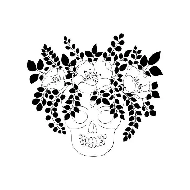 Vector illustration of Hand drawn cartoon skull with wreath of doodle rose and anemone flowers with leaves on stems. La Catrina for santa muerte design for Day of the Dead, sugar skull, Dia de los muertos. Isolated on white background