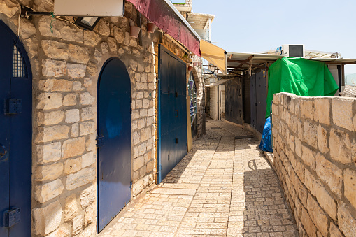 Stone pavement and stone houses in the old part of Safed city in northern Israel