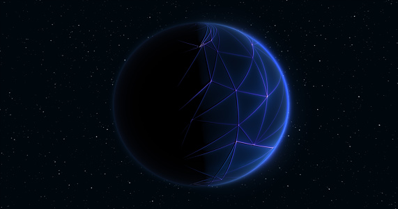 Abstract blue space futuristic planet round sphere against the background of stars.