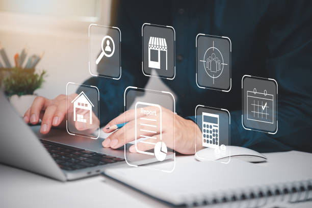 istock ERP Enterprise Resource Planning and Optimize Organization and Collaboration with Advanced Database and Server Smart Business Planning. document management concept with icons on virtual screen. 1586655450