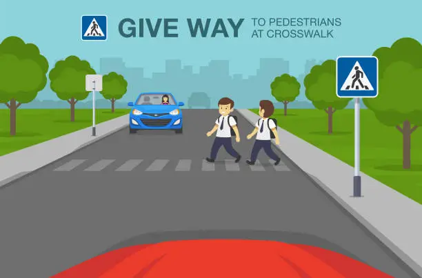 Vector illustration of Safety car driving and traffic regulating rules. Cars stopped at  crosswalk. Traffic or road sign indicates pedestrian crossing. Give way to pedestrians.