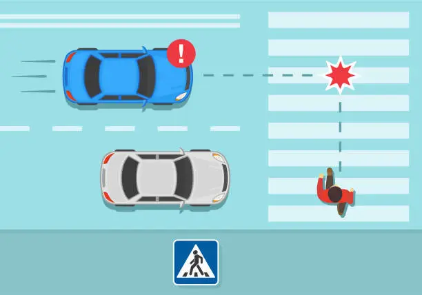 Vector illustration of Safety driving rules and tips. Traffic regulation on pedestrian crossing. Hidden pedestrian about to be hit by car on crosswalk. Dangerous situation on zebra crossing.