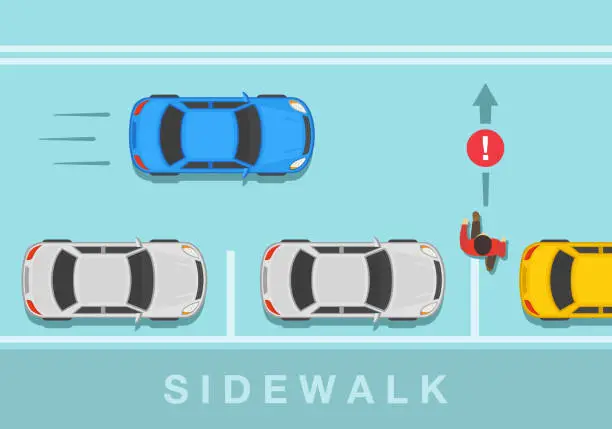 Vector illustration of Safety driving rules and tips. Hidden pedestrian about to be hit by car. Pedestrian crossing the street between parked vehicles. Don't walk between cars warning.