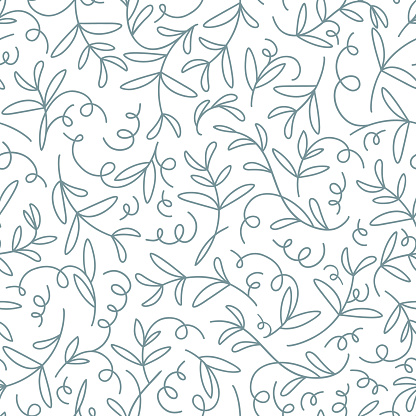 Seamless plant pattern. Doodle botanical pattern of curly stems. Blue green leaves and spiral curly sprout or shoot of wild plant. Abstract background. Calm floral pattern for design, textile and wrapping paper