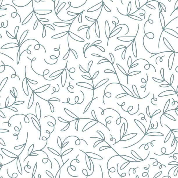 Vector illustration of Seamless pattern of blue-green curly sprouts in doodle style