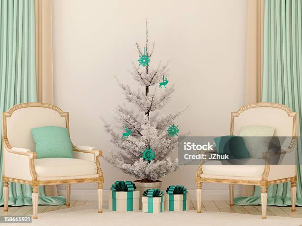 Two Classic Chairs And White Christmas Tree Stock Photo - Download Image Now - Armchair, Blue, Box - Container