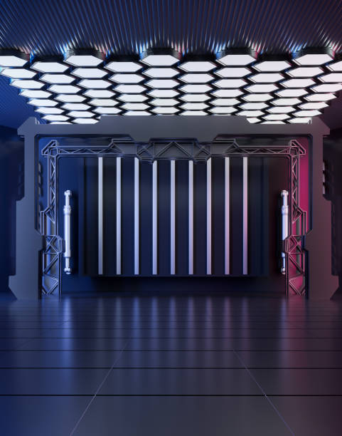 3D rendering metal stage display space 3D rendering of metal stage display space with red and blue neon lights 2667 stock pictures, royalty-free photos & images