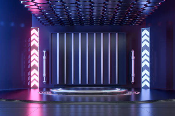 istock Abstract Futuristic Geometric Neon Light Background 1586691736
