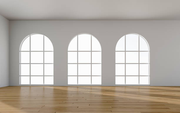 istock 3D rendering of white wood flooring, open and clean room 1586694362