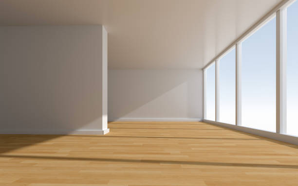 istock 3D rendering of white wood flooring, open and clean room 1586694373