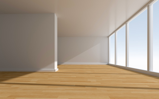 Empty living room with big window, wood floor, stair at the daylight