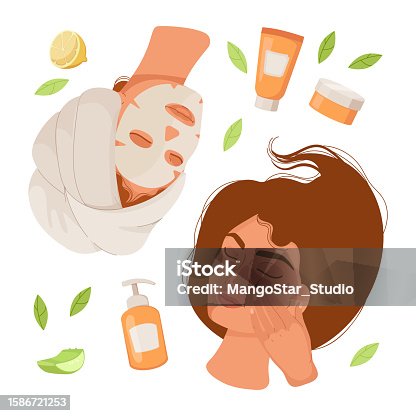 istock Facial treatment for women vector illustrations set 1586721253