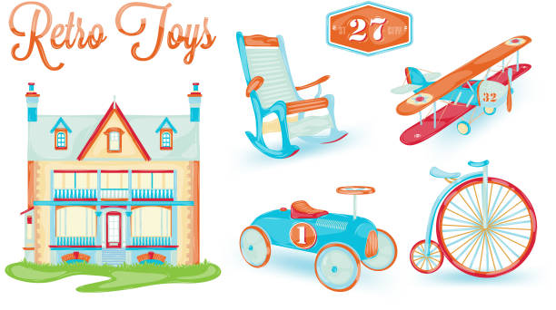 Retro toy icons Retro toy icons (doll house, bicycle, car, plane, chair, stylized vintage toys, baby). house numbers stock illustrations