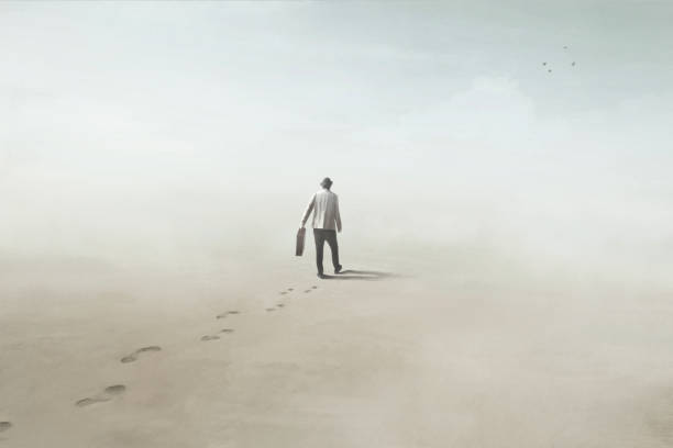istock Illustration of man walking in the desert, surreal hope concept 1586724380