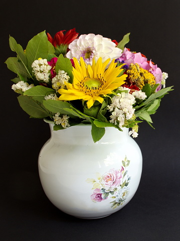 Colorful flowers in vase against black background