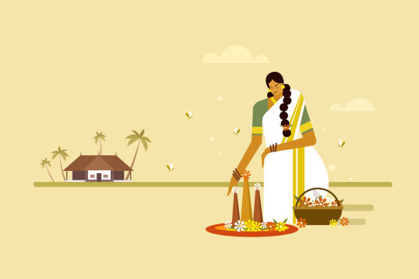 A traditionally dressed woman making floral designs on floor. Concept of Onam festival in Kerala A traditionally dressed woman making floral designs on floor. Concept of Onam festival in Kerala pookalam stock illustrations