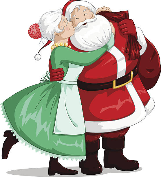 Mrs Claus Kisses Santa On Cheek And Hugs vector art illustration