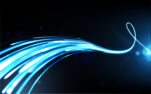 Vector illustration of blue abstract background with blurred magic neon light curved lines.