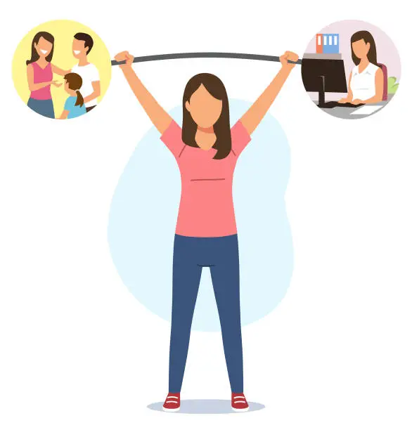 Vector illustration of Work Life Balance- Woman Weightlifting Family and Career