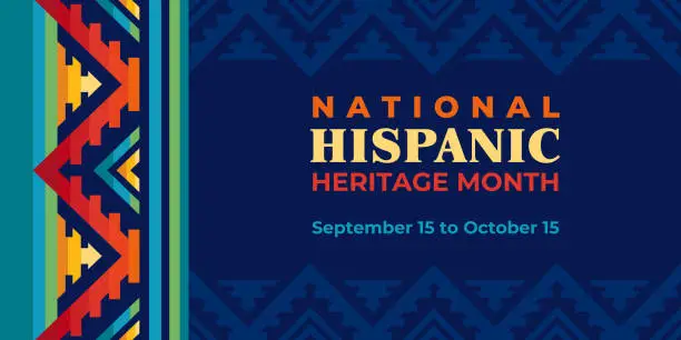 Vector illustration of Hispanic heritage month illustration. Vector web banner, poster, card for social media, networks. Greeting with national Hispanic heritage month text, ornament on blue background with yellow color.