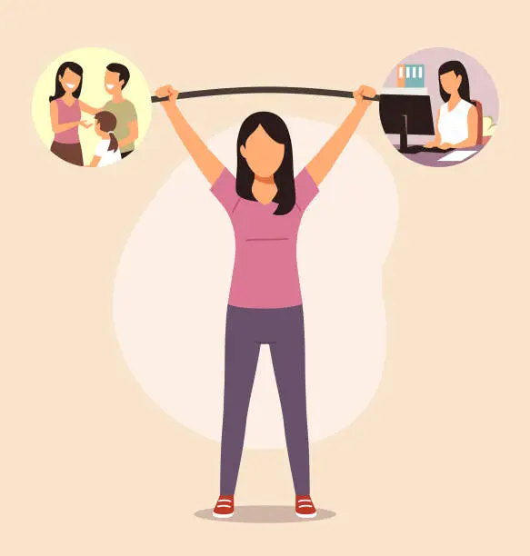 Vector illustration of Young Woman Weightlifting Family and Work