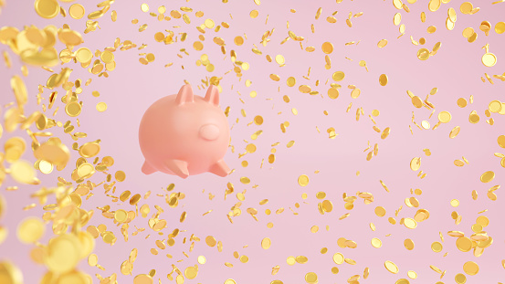 Piggy bank jumping to tunnel of gold coin on pink background metaphor wealth, saving and investment concept. 3D rendering.