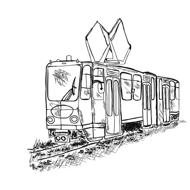 Vector illustration of Tram isolated on white background. Public transport. Hand drawn retro tram sketch.