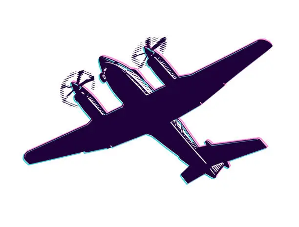 Vector illustration of Twin Propeller Airplane Flying with Glitch Technique