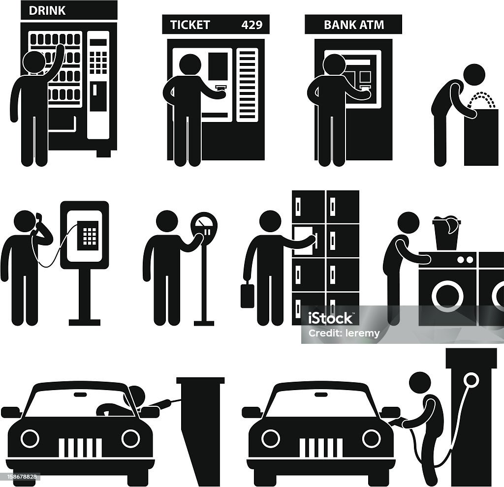 Man using Public Machine Pictogram A set of pictograms representing vending machine, ticketing maching, ATM machine, public phone, parking slot, and gas pump. Paying stock vector