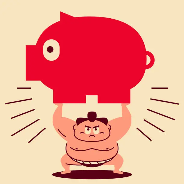 Vector illustration of A sumo wrestler crouching, arms raised, lifts a huge piggy bank