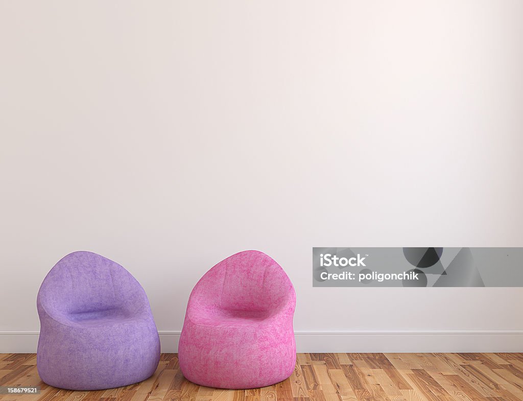 Two poufs near empty wall. Interior with two poufs near empty white wall. 3d render. Hassock Stock Photo