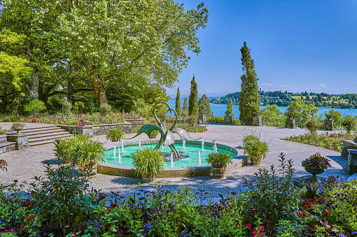 Mainau Island, Germany - June 14, 2023: The fountains of the garden of the Baroque Palace