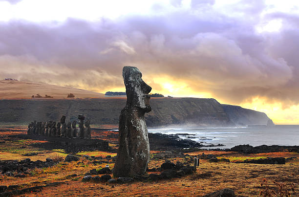 AhuTongariki (Easter Island, Chile) Sunrise over Ahu Tongariki Moai in Easter Island, Chile easter island stock pictures, royalty-free photos & images